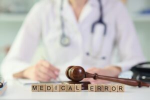 A gavel rests on wooden blocks labeled "Medical Error," while a family doctor in uniform sits at a table.